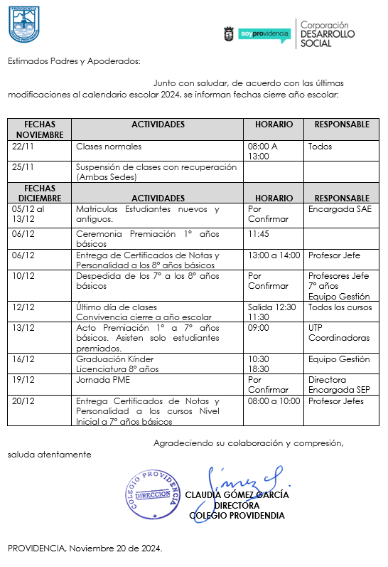 Fechas Cierre año Escolar 2024